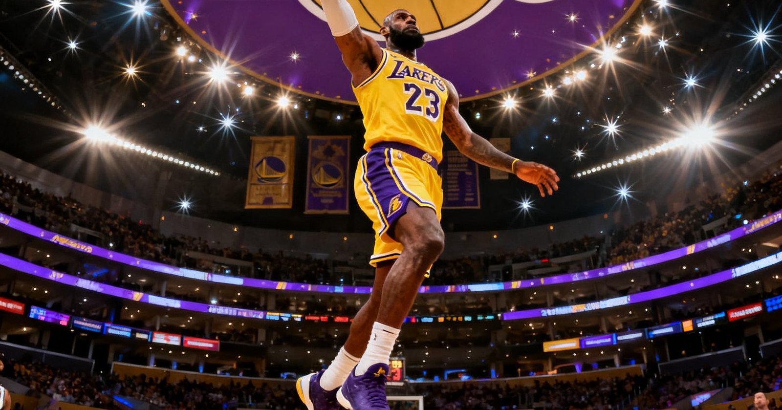 湖人主场对阵勇士的NBA常规赛集锦封面，詹姆斯飞身扣篮的震撼瞬间，球馆内闪光灯如繁星闪烁